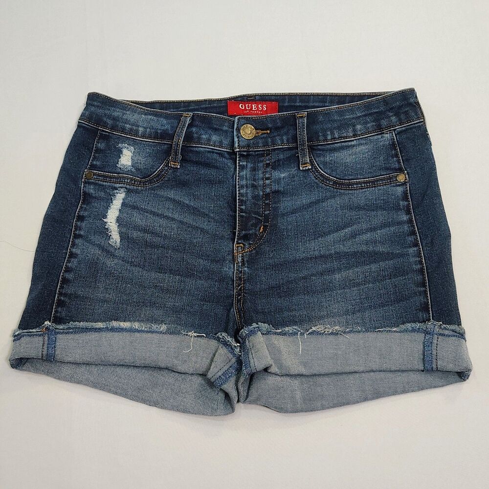 Guess Jean Shorts 29 Inch Waist Cuffed Denim Distressed Mid Rise Med Wash Summer